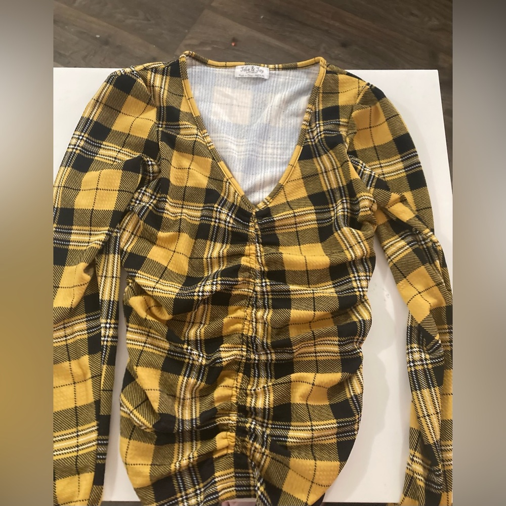 Yellow Plaid Ruched V-Neck